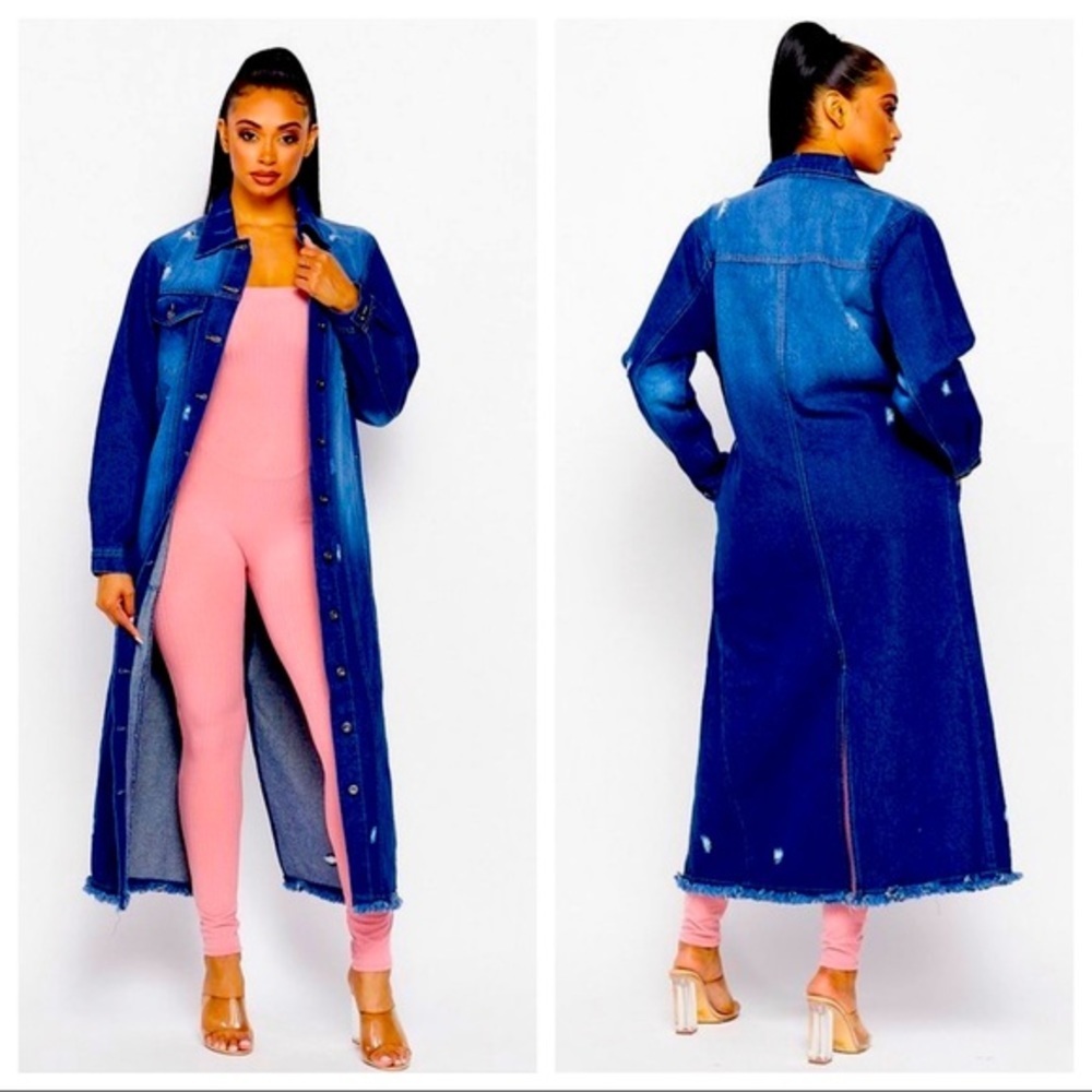TRENDY BUTTON‎ DOWN DARK WASH DENIM LONG JACKET